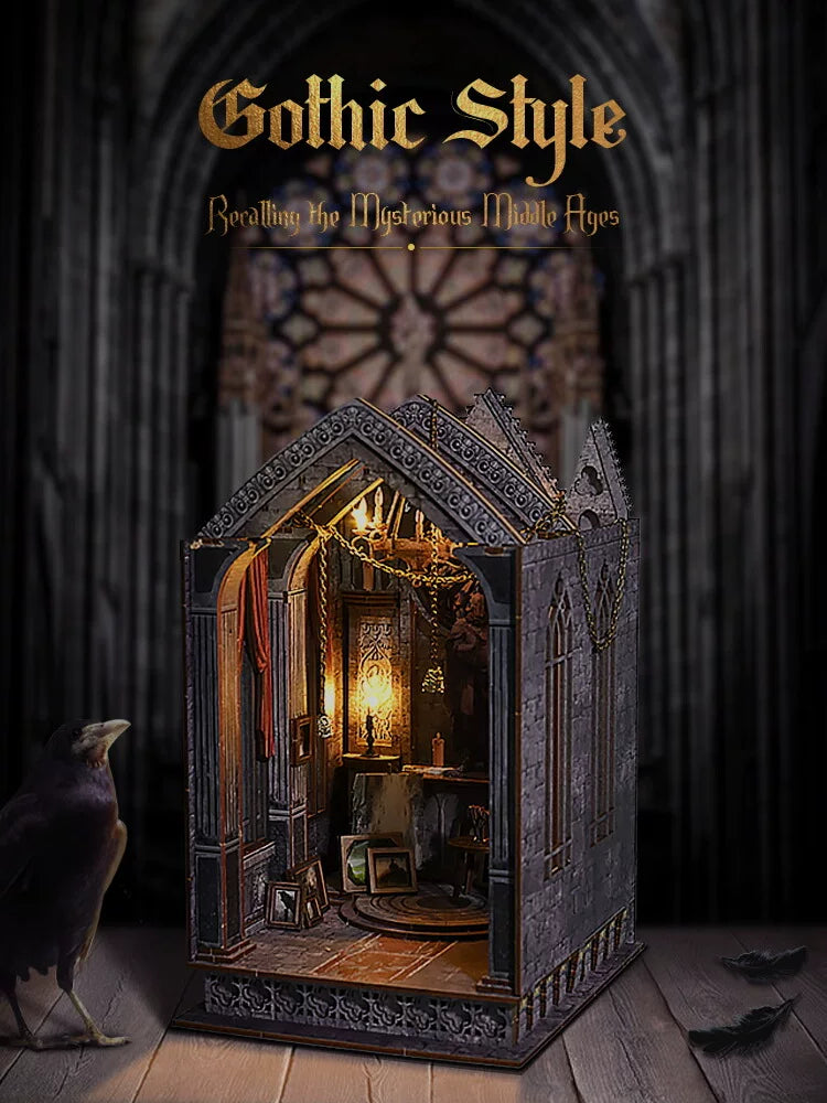 DIY 3D Gothic Book Nook Kit Miniature Wooden Bookshelf Insert Model Creative Desk Decor