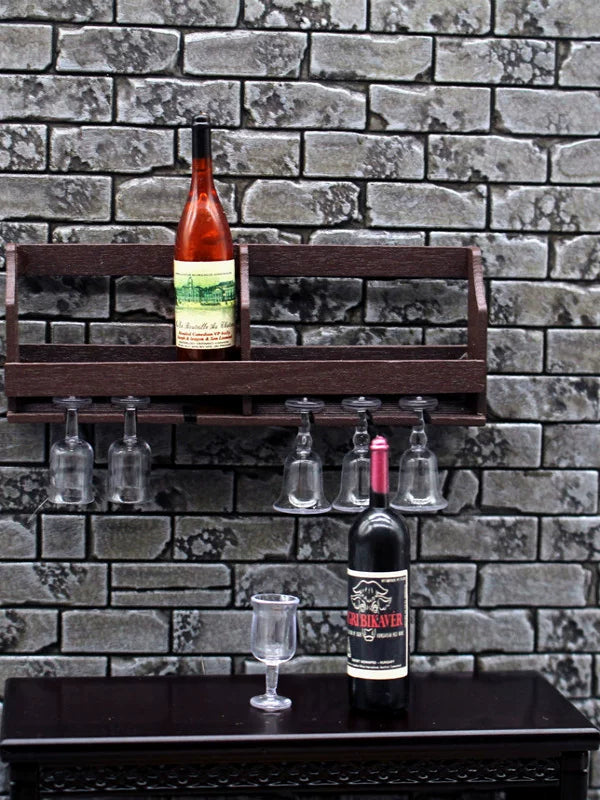 1:12 Miniature Dollhouse Wall-Mounted Wine Rack & Glass Holder Set - Tiny Wine Cabinet, Bottles & Goblets Kitchen Decor Accessories