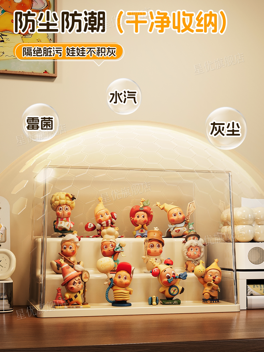 盲盒收纳展示架透明防尘阶梯式手办展示柜星星人泡泡玛特收纳盒