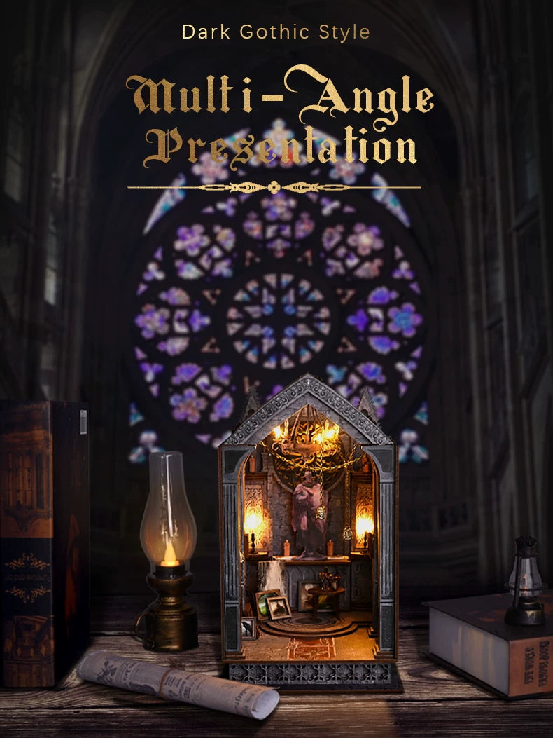 DIY 3D Gothic Book Nook Kit Miniature Wooden Bookshelf Insert Model Creative Desk Decor
