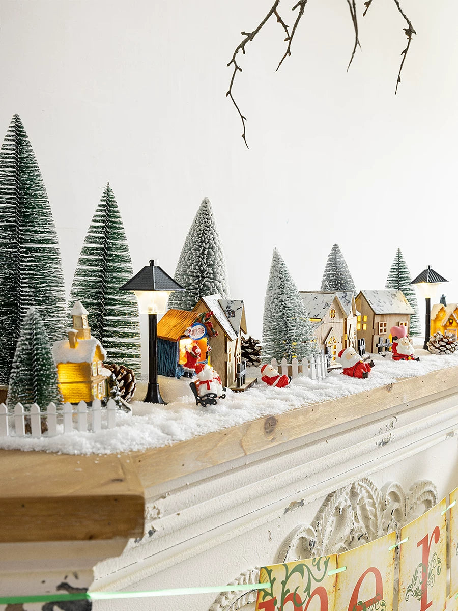 Christmas Light-Up Miniature Village House Set, DIY Winter Snow Landscape Mantel & Tabletop Decor