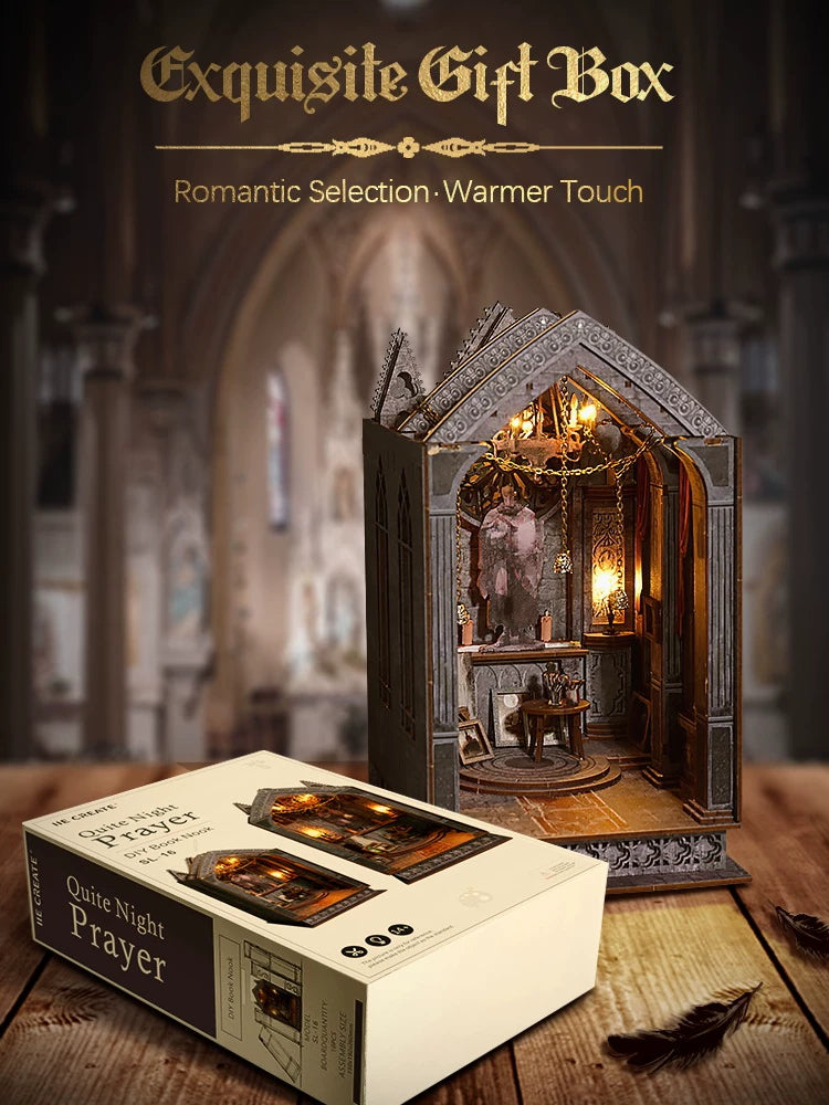 DIY 3D Gothic Book Nook Kit Miniature Wooden Bookshelf Insert Model Creative Desk Decor