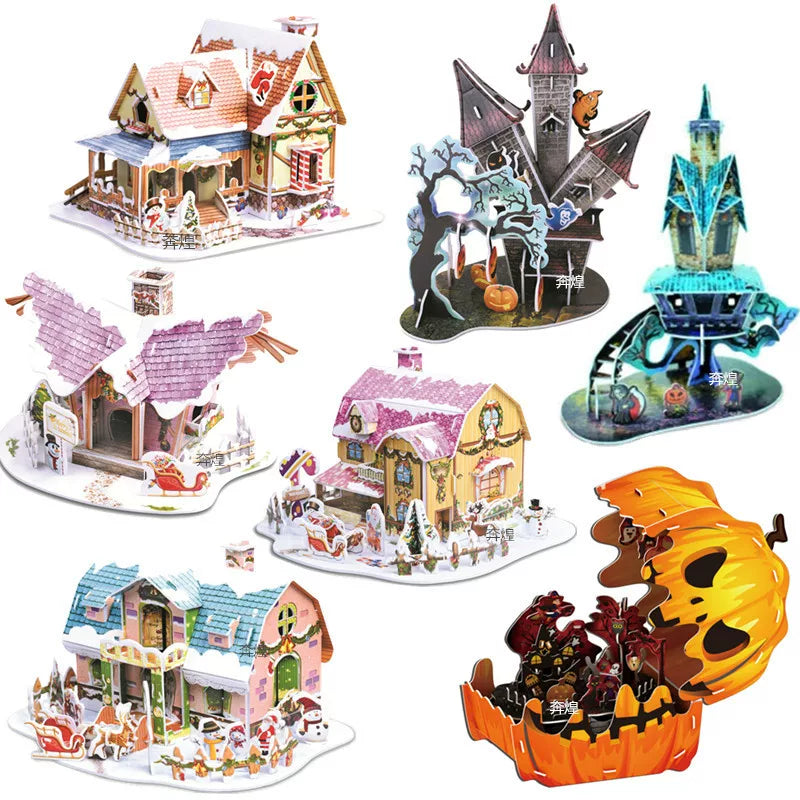 3D DIY Assembly Puzzle Toy - Halloween Pumpkin Lantern & Christmas Holiday Cottage Craft Kit, Educational Gift for Kids
