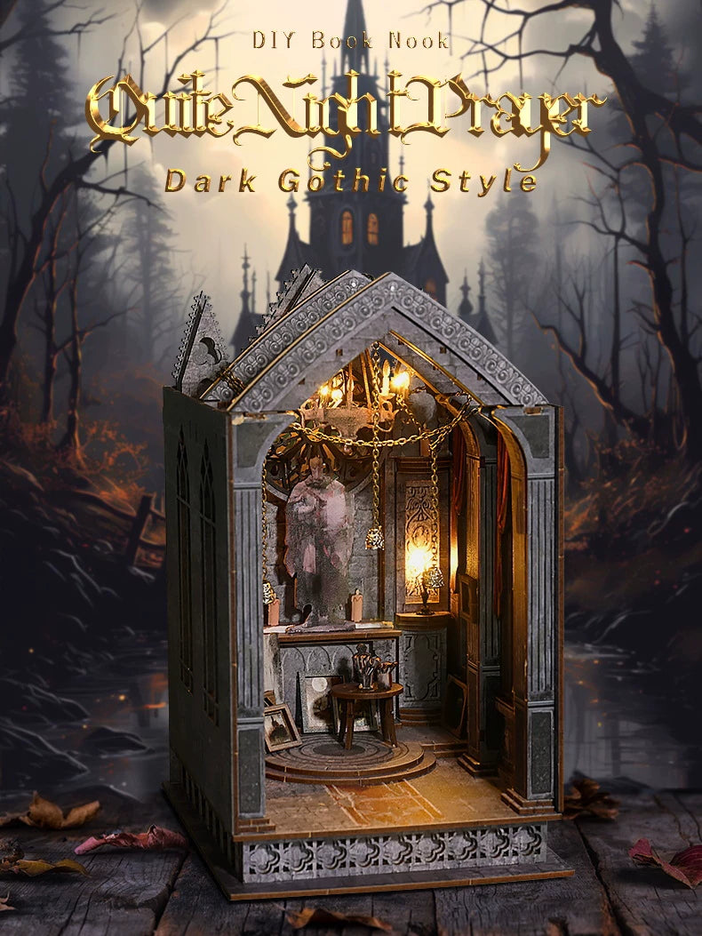 DIY 3D Gothic Book Nook Kit Miniature Wooden Bookshelf Insert Model Creative Desk Decor