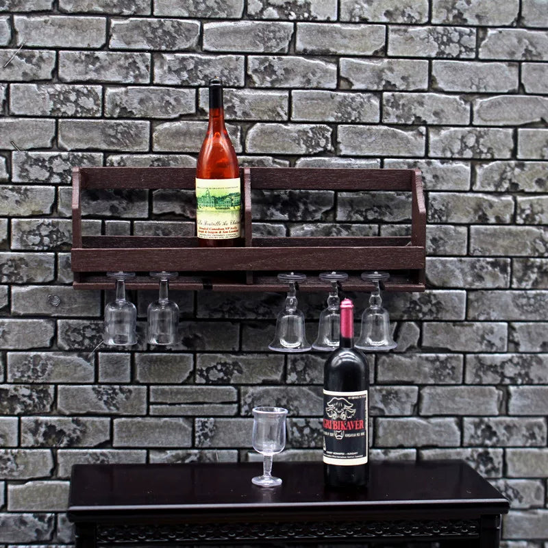 1:12 Miniature Dollhouse Wall-Mounted Wine Rack & Glass Holder Set - Tiny Wine Cabinet, Bottles & Goblets Kitchen Decor Accessories