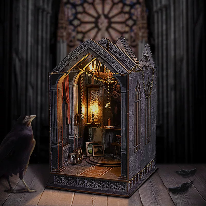 DIY 3D Gothic Book Nook Kit Miniature Wooden Bookshelf Insert Model Creative Desk Decor