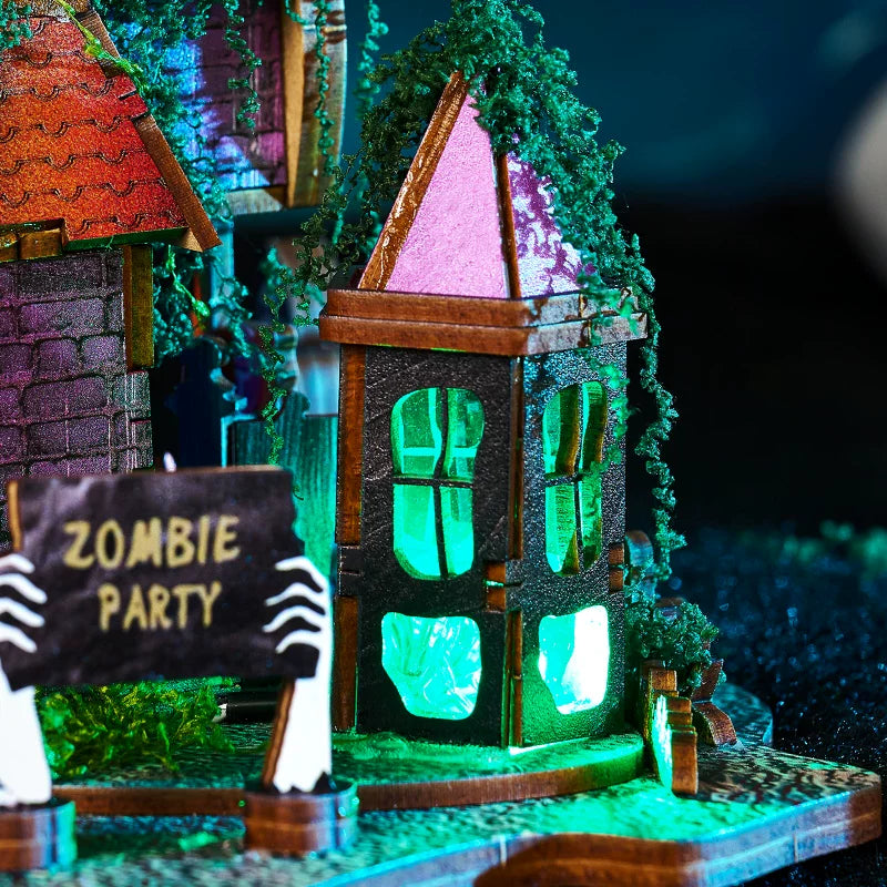 Halloween DIY Book Nook Kit 3D Wooden Magic Miniature Dollhouse Bookshelf Insert with LED Light Creative Spooky Decor Gift
