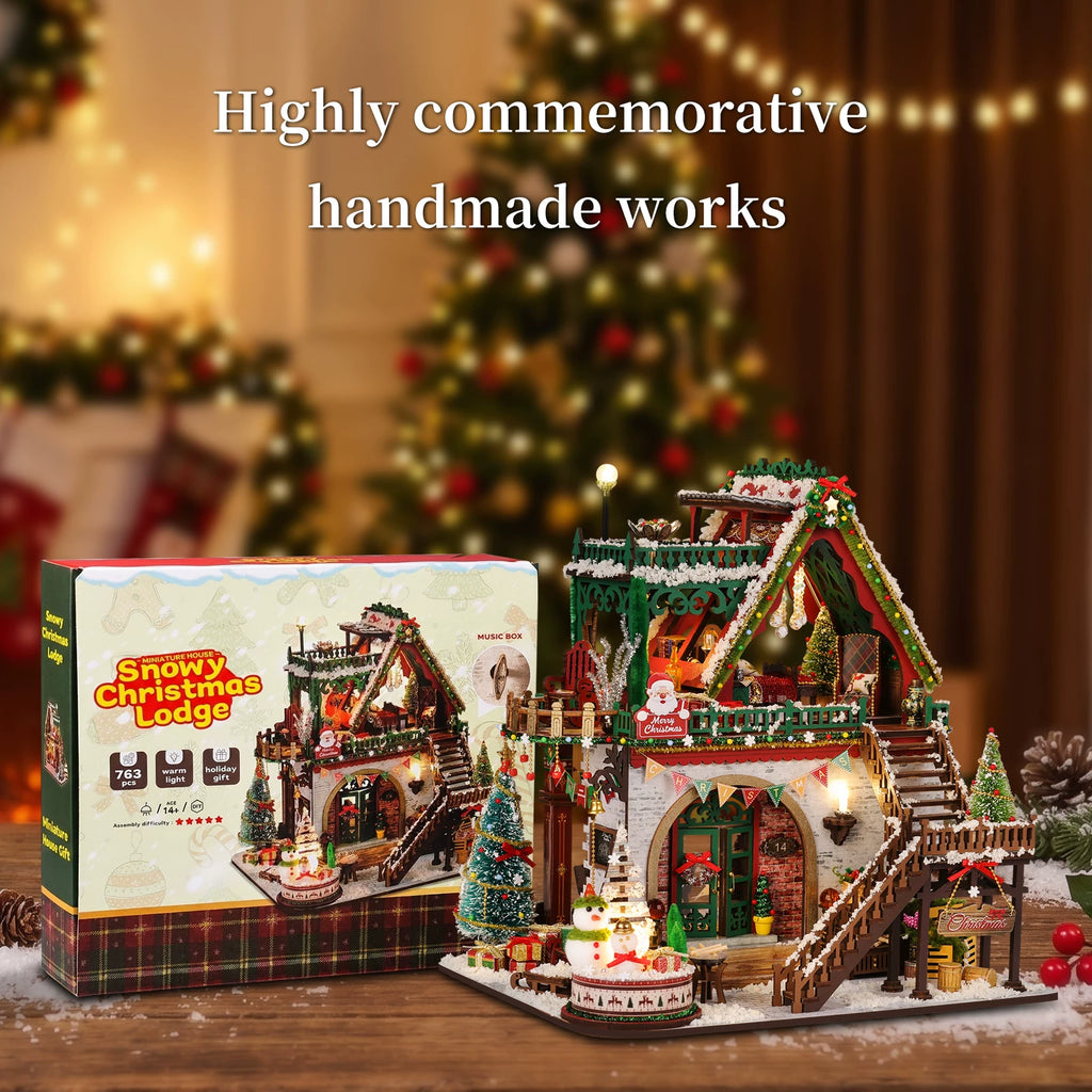 DIY Wooden Miniature Dollhouse Kit - Winter Christmas Cabin with LED Light, 3D Puzzle Handmade Craft Model Decor, Creative Holiday Gift