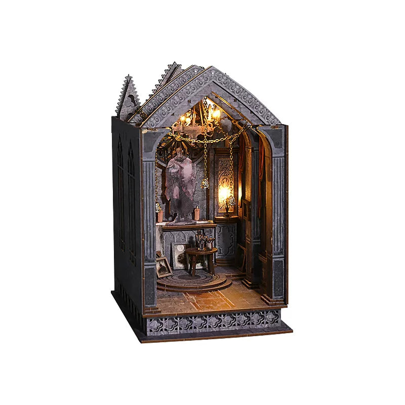 DIY 3D Gothic Book Nook Kit Miniature Wooden Bookshelf Insert Model Creative Desk Decor
