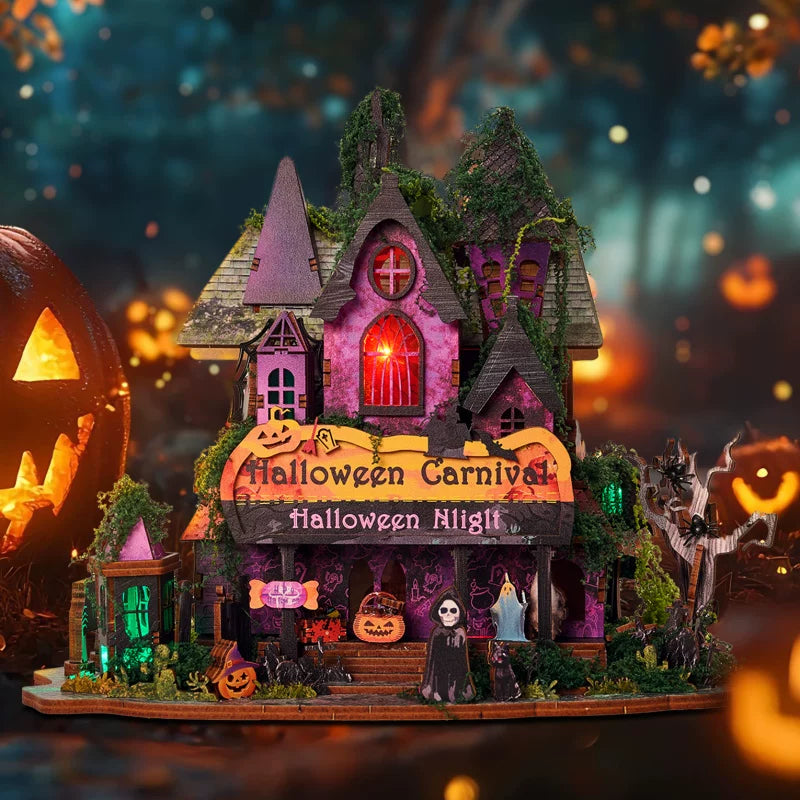 Halloween DIY Book Nook Kit 3D Wooden Magic Miniature Dollhouse Bookshelf Insert with LED Light Creative Spooky Decor Gift