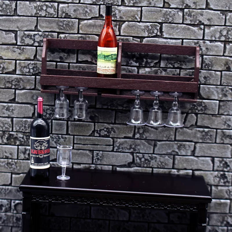 1:12 Miniature Dollhouse Wall-Mounted Wine Rack & Glass Holder Set - Tiny Wine Cabinet, Bottles & Goblets Kitchen Decor Accessories