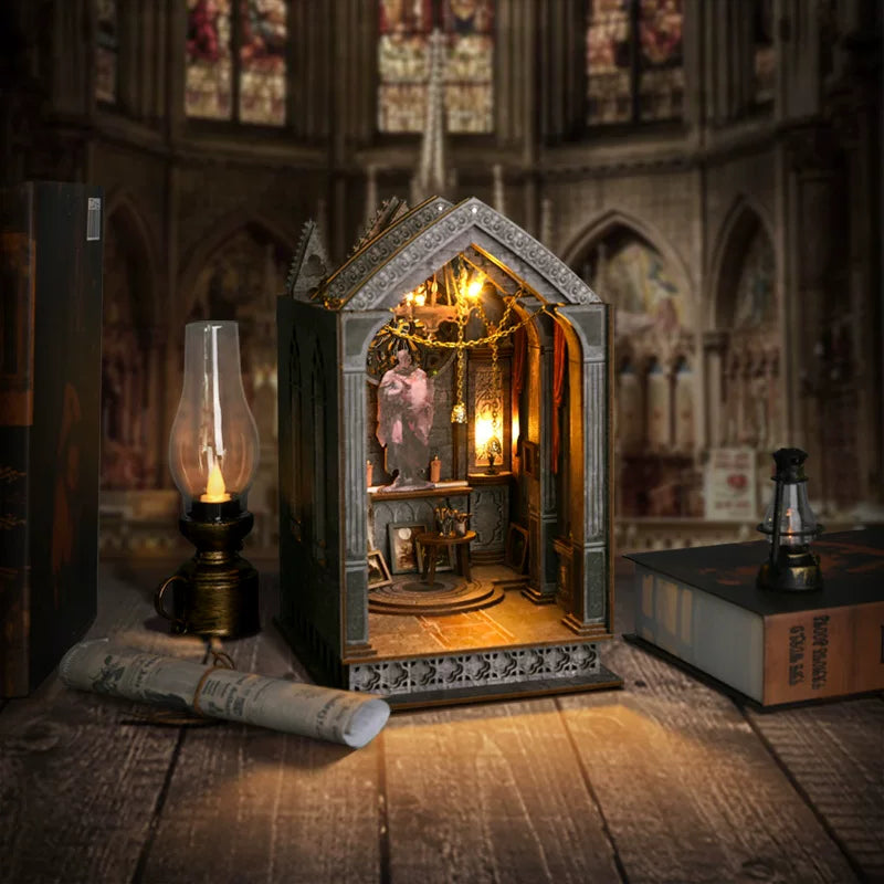DIY 3D Gothic Book Nook Kit Miniature Wooden Bookshelf Insert Model Creative Desk Decor