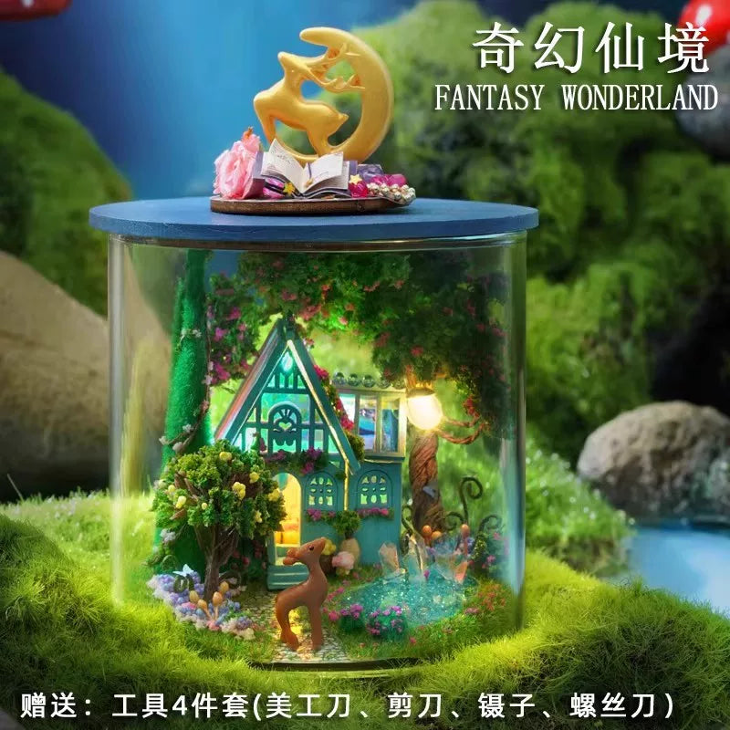 DIY Miniature Magic Bottle House Kit, 3D Wooden Craft Assembly Model with Tools, Fantasy Dollhouse Gift