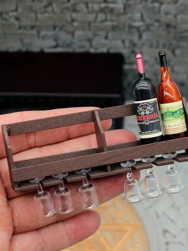 1:12 Miniature Dollhouse Wall-Mounted Wine Rack & Glass Holder Set - Tiny Wine Cabinet, Bottles & Goblets Kitchen Decor Accessories
