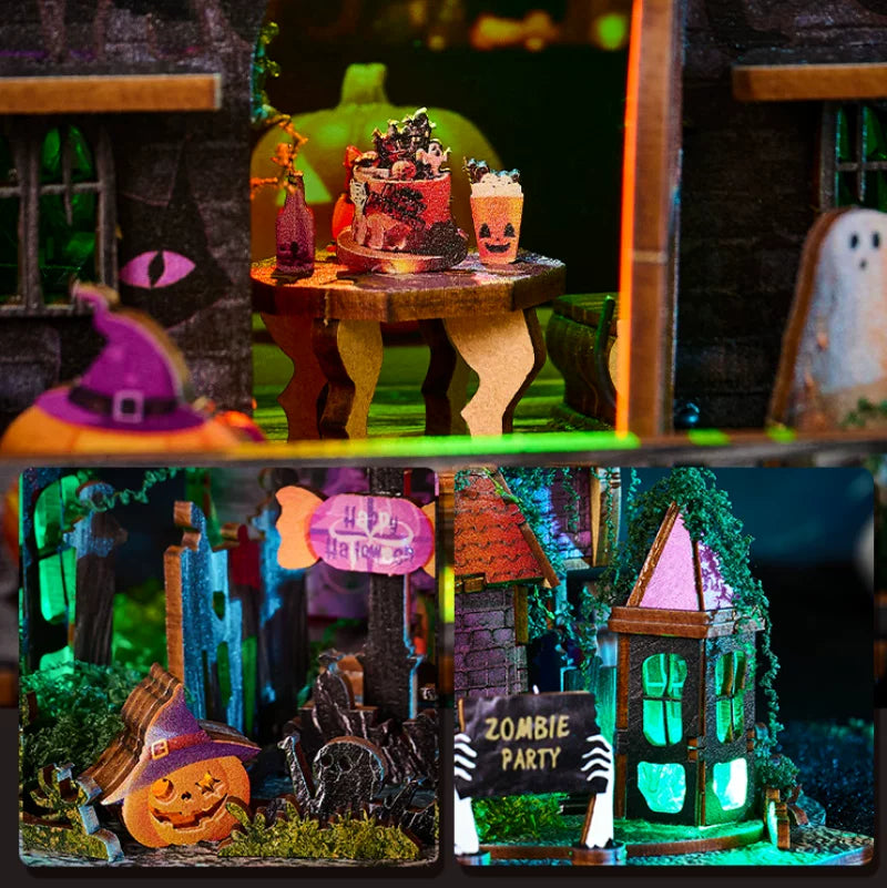 Halloween DIY Book Nook Kit 3D Wooden Magic Miniature Dollhouse Bookshelf Insert with LED Light Creative Spooky Decor Gift