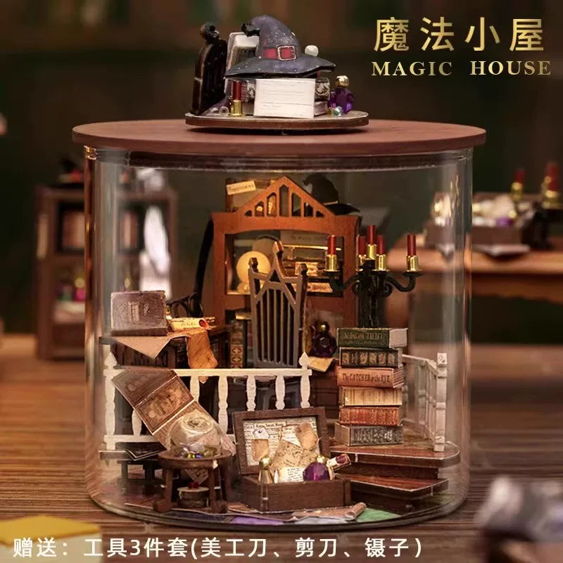 DIY Miniature Magic Bottle House Kit, 3D Wooden Craft Assembly Model with Tools, Fantasy Dollhouse Gift