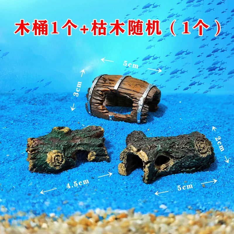 Mini Aquarium Hollow Barrel & Driftwood Hideout Cave - Realistic Resin Fish & Shrimp Shelter Tank Ornament
