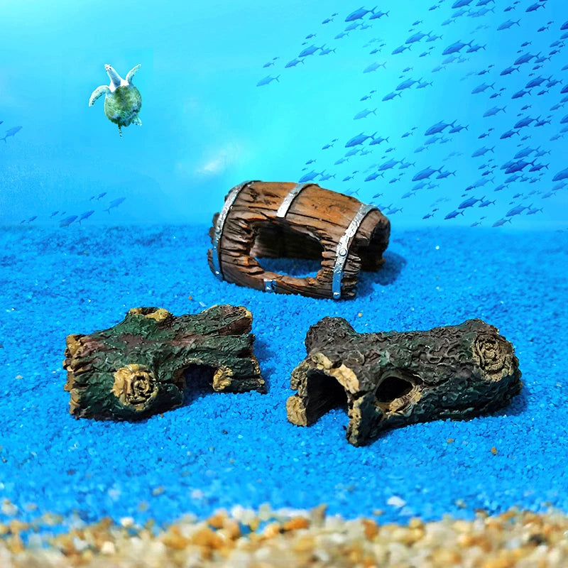 Mini Aquarium Hollow Barrel & Driftwood Hideout Cave - Realistic Resin Fish & Shrimp Shelter Tank Ornament