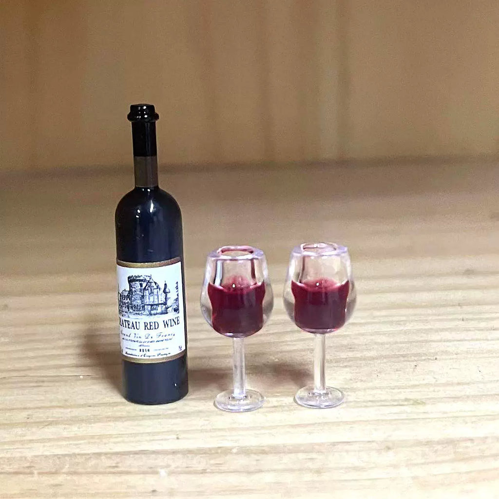 1:12 Dollhouse Miniature Wine Bottle and Goblet Glasses Set, Realistic Mini Bar Accessories for Dollhouse Kitchen Dining Scene Decor