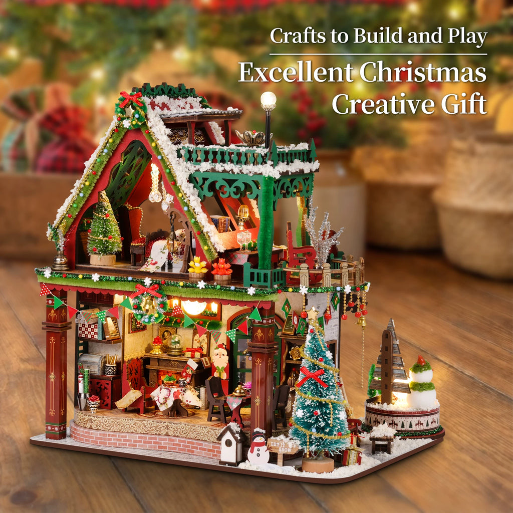 DIY Wooden Miniature Dollhouse Kit - Winter Christmas Cabin with LED Light, 3D Puzzle Handmade Craft Model Decor, Creative Holiday Gift
