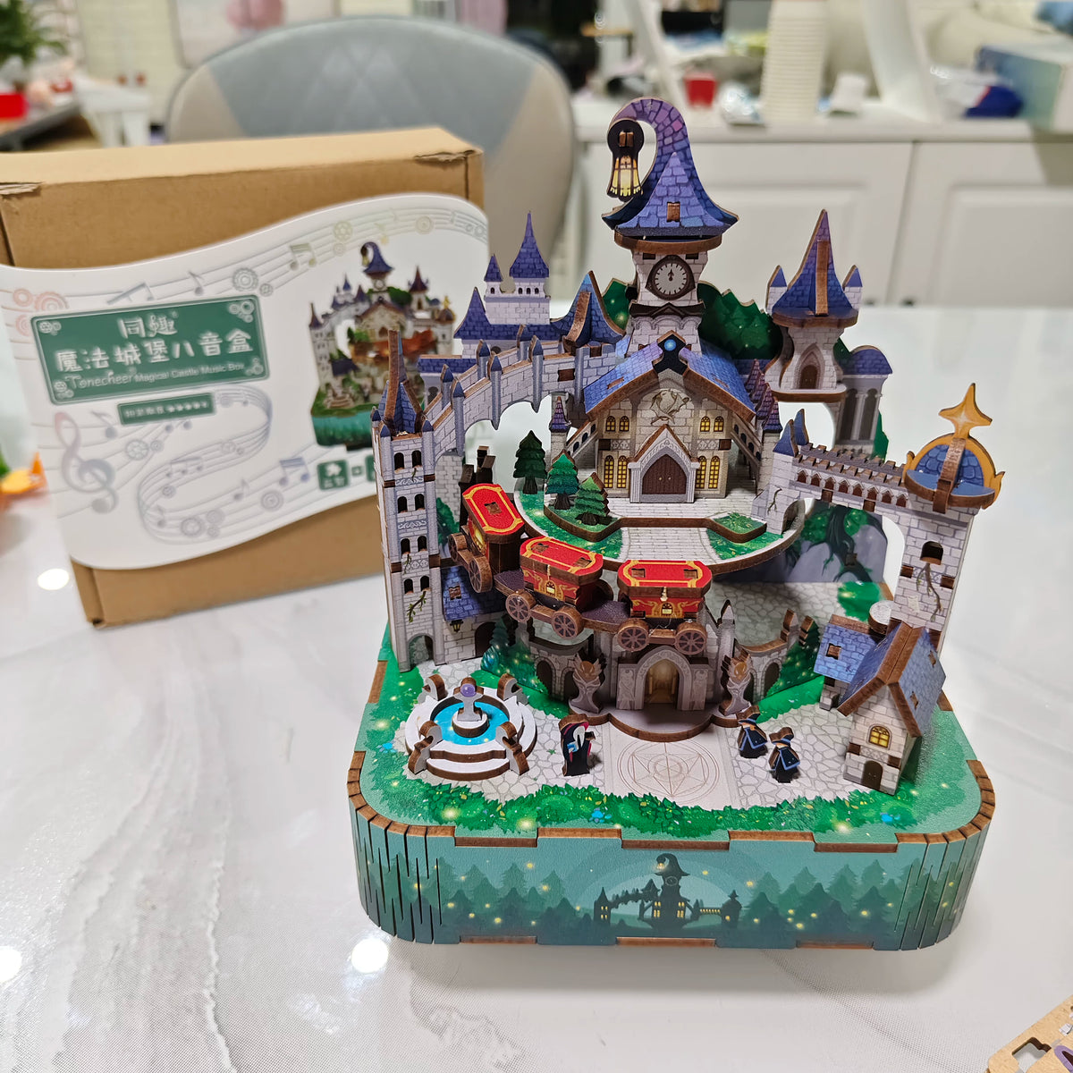 3D Wooden Magic Castle Music Box DIY Assembly Puzzle Kit, Fairytale Mechanical Model Craft, Creative Gift for Girls and Teens