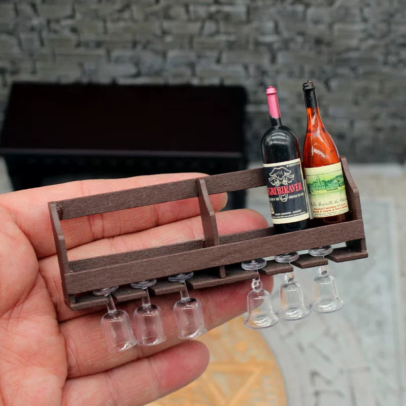 1:12 Miniature Dollhouse Wall-Mounted Wine Rack & Glass Holder Set - Tiny Wine Cabinet, Bottles & Goblets Kitchen Decor Accessories