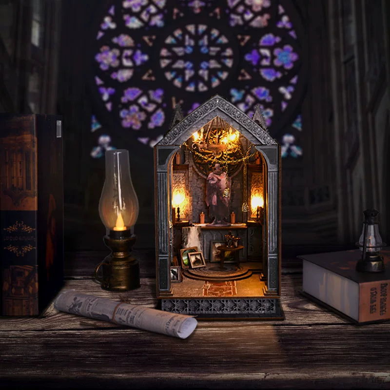 DIY 3D Gothic Book Nook Kit Miniature Wooden Bookshelf Insert Model Creative Desk Decor
