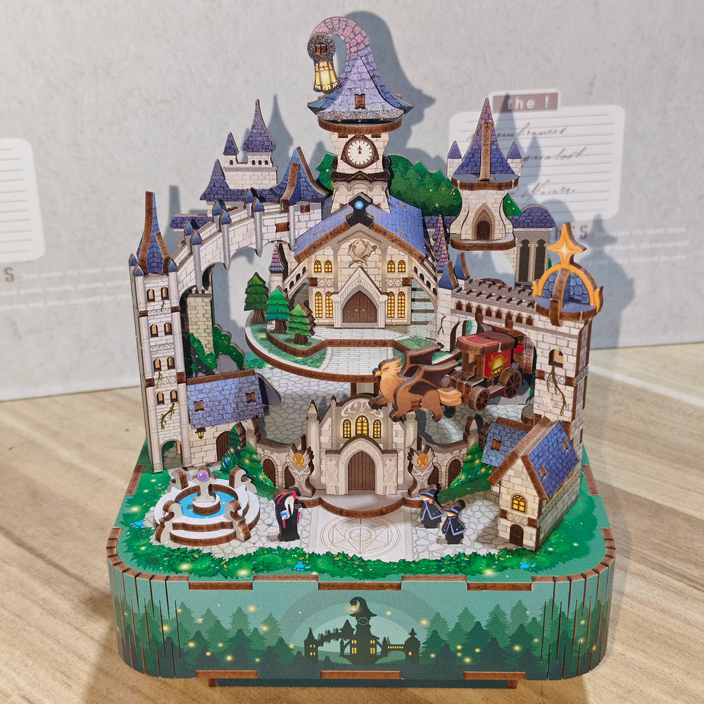 3D Wooden Magic Castle Music Box DIY Assembly Puzzle Kit, Fairytale Mechanical Model Craft, Creative Gift for Girls and Teens