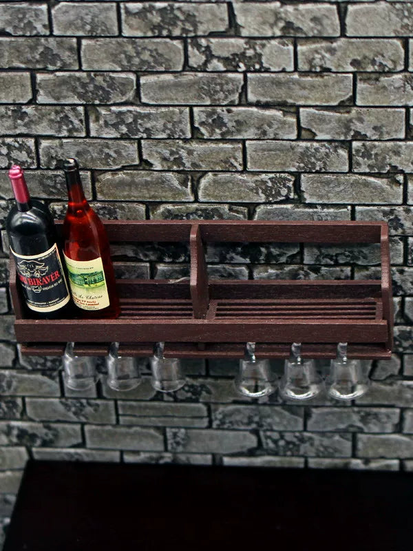 1:12 Miniature Dollhouse Wall-Mounted Wine Rack & Glass Holder Set - Tiny Wine Cabinet, Bottles & Goblets Kitchen Decor Accessories