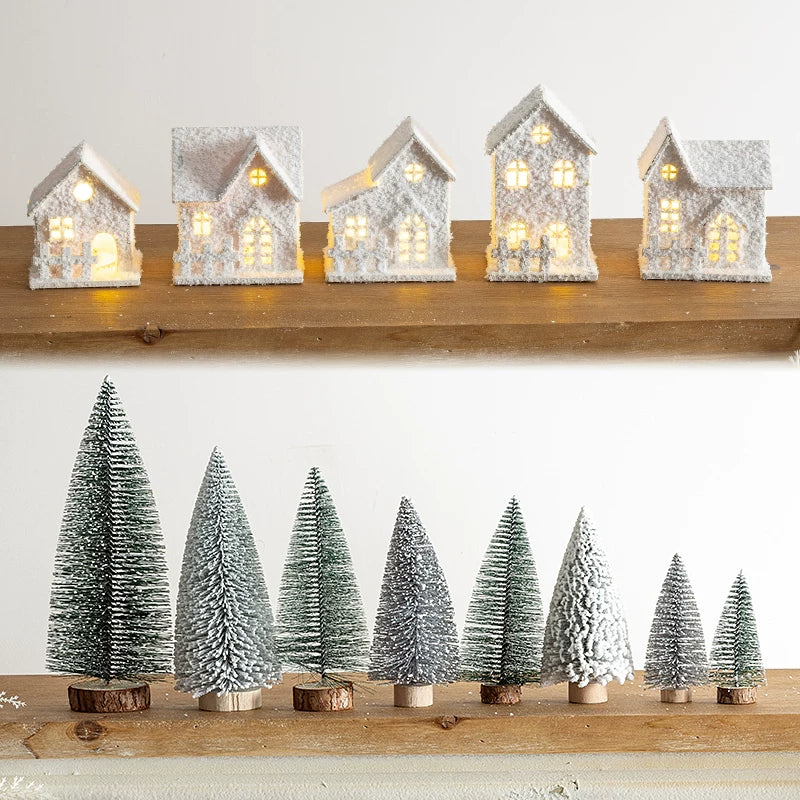 Christmas Light-Up Miniature Village House Set, DIY Winter Snow Landscape Mantel & Tabletop Decor