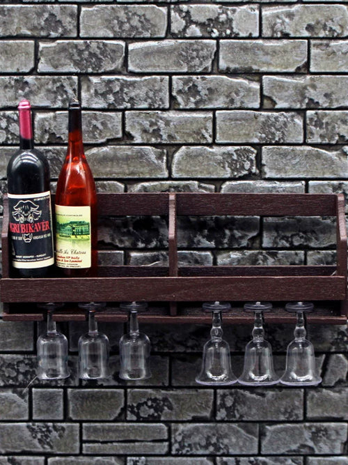 1:12 Miniature Dollhouse Wall-Mounted Wine Rack & Glass Holder Set - Tiny Wine Cabinet, Bottles & Goblets Kitchen Decor Accessories