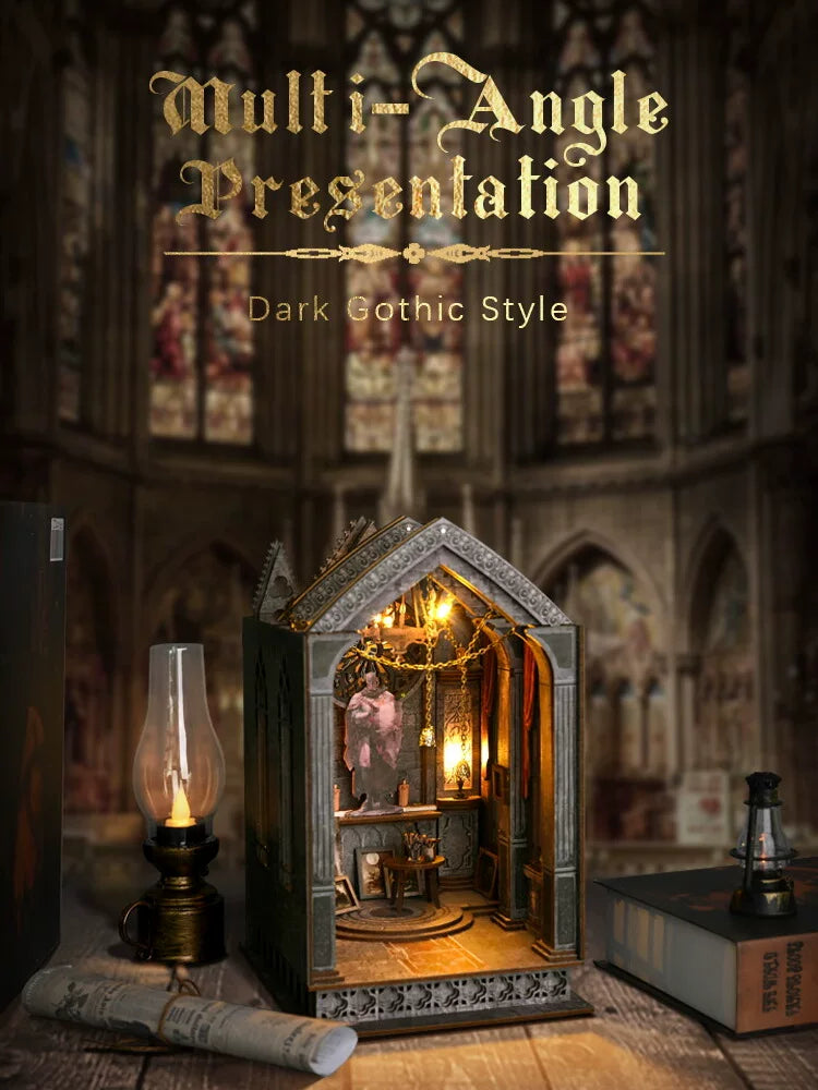 DIY 3D Gothic Book Nook Kit Miniature Wooden Bookshelf Insert Model Creative Desk Decor