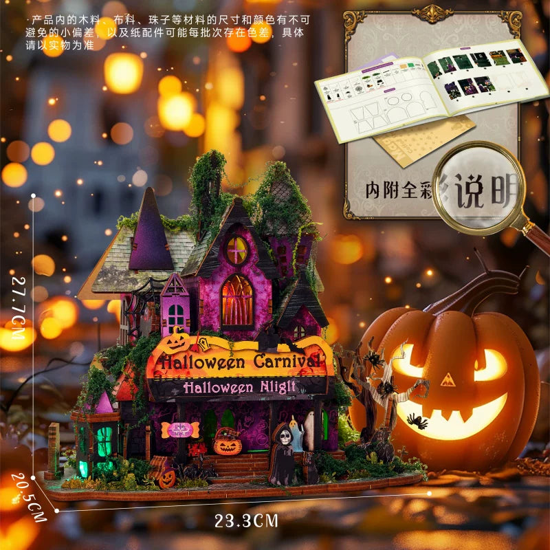 Halloween DIY Book Nook Kit 3D Wooden Magic Miniature Dollhouse Bookshelf Insert with LED Light Creative Spooky Decor Gift