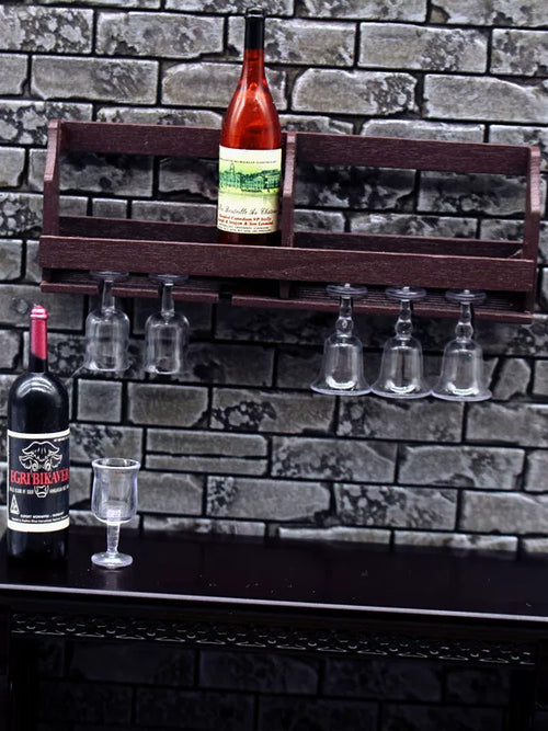 1:12 Miniature Dollhouse Wall-Mounted Wine Rack & Glass Holder Set - Tiny Wine Cabinet, Bottles & Goblets Kitchen Decor Accessories